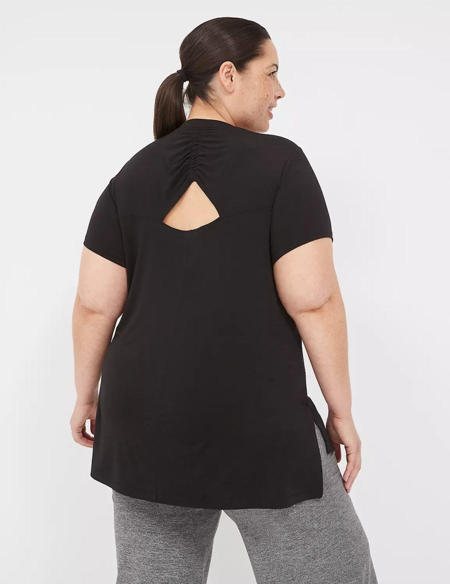 Black Lane Bryant LIVI V-Neck Ruched-Back Tee Women T Shirts | HCN1943ZG