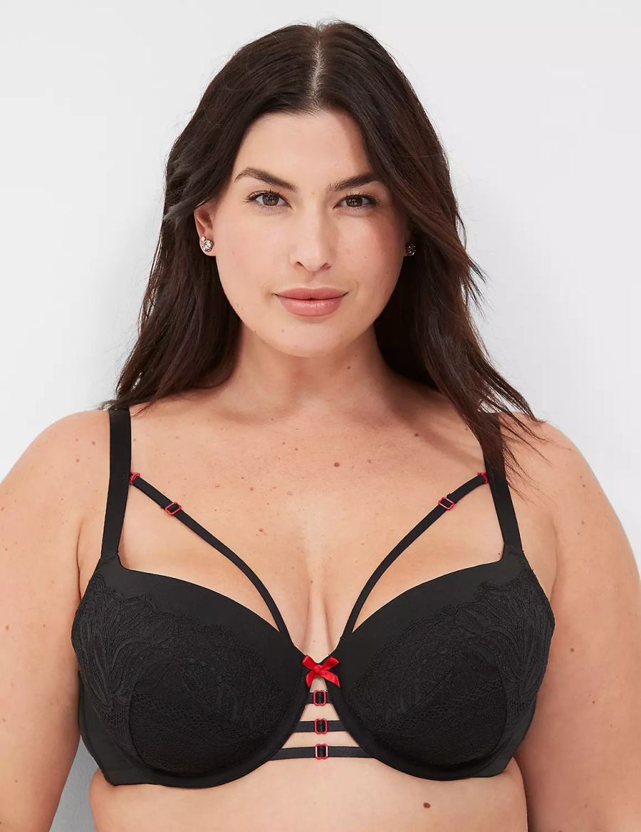 Black Lane Bryant Lace-Trim Lightly Lined Women Balconette Bra | OVI270XP