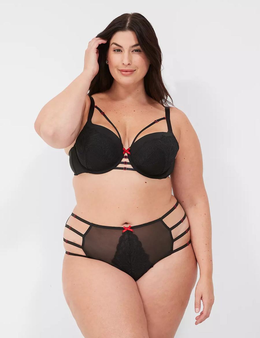 Black Lane Bryant Lace-Trim Lightly Lined Women Balconette Bra | OVI270XP