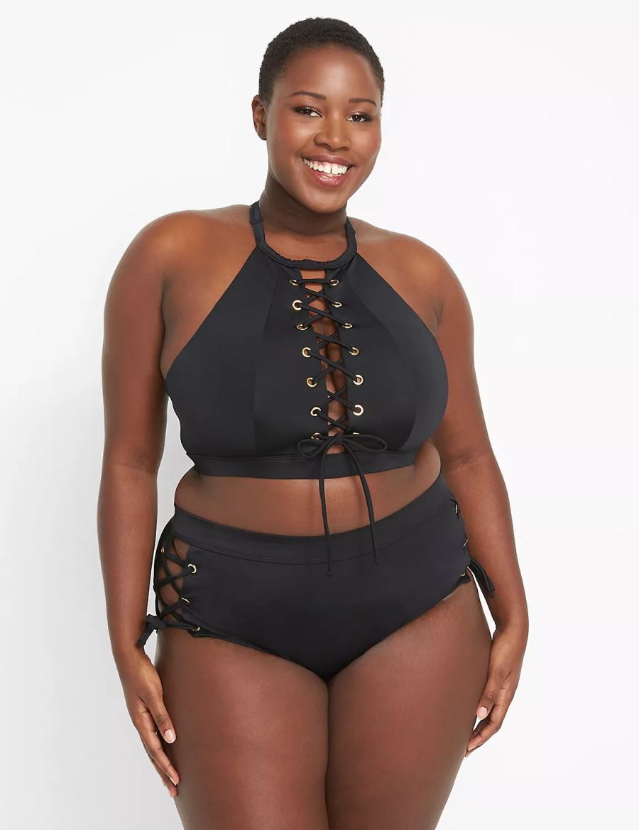 Black Lane Bryant Lace-Up High-Waist Swim Women Briefs | NBU8818RJ