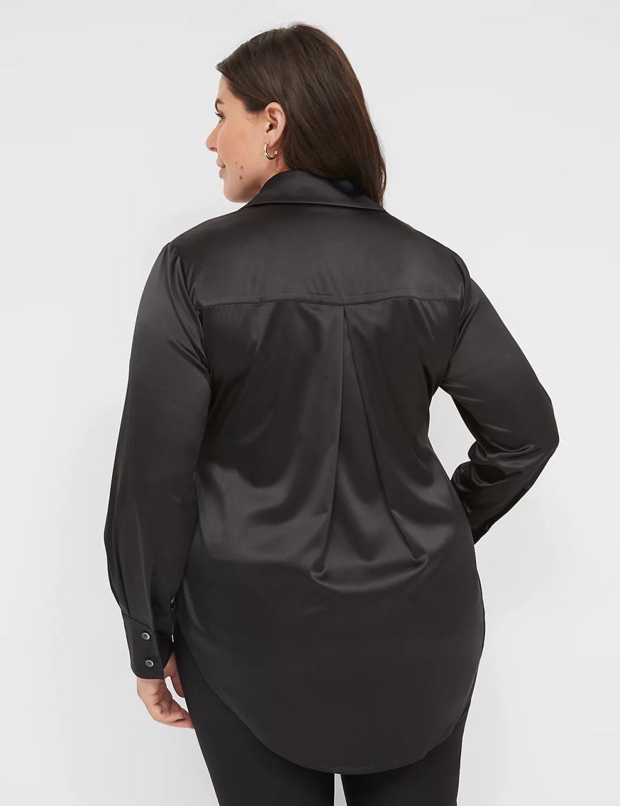 Black Lane Bryant Long-Sleeve Button-Down Satin Women Shirts | ZOX3464ZX