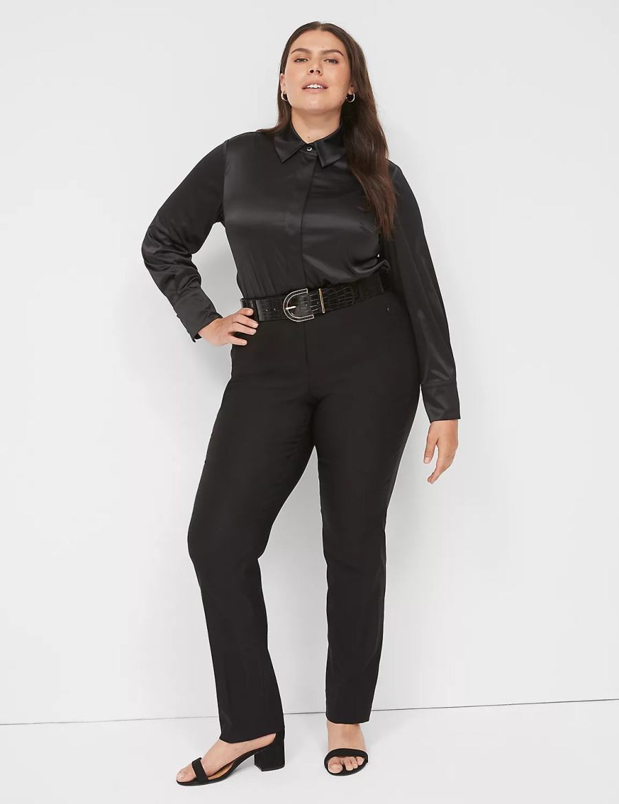 Black Lane Bryant Long-Sleeve Button-Down Satin Women Shirts | ZOX3464ZX