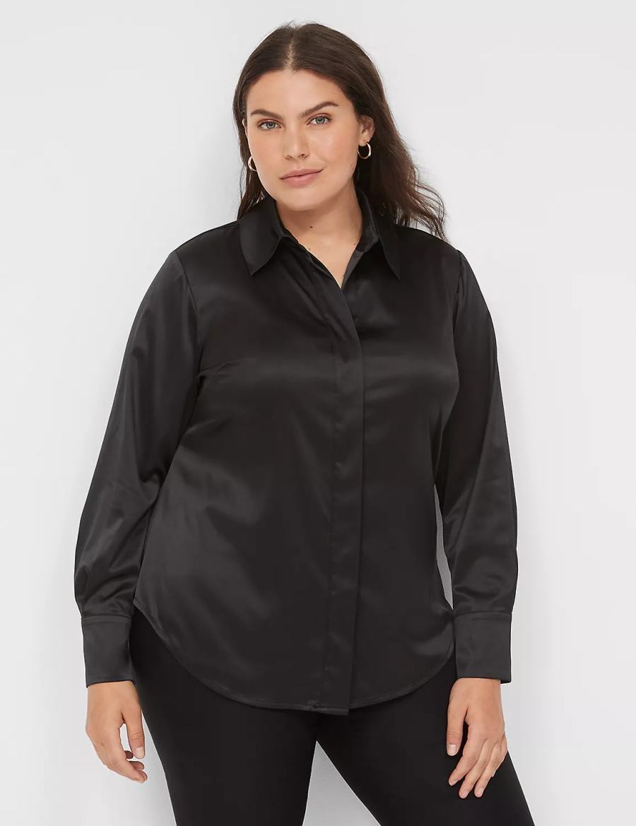 Black Lane Bryant Long-Sleeve Button-Down Satin Women Shirts | ZOX3464ZX