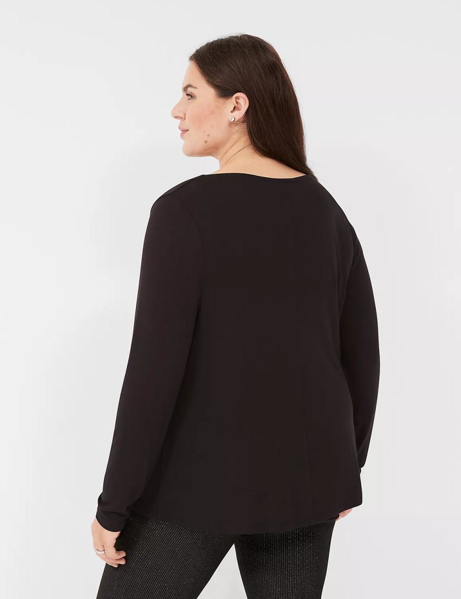 Black Lane Bryant Long-Sleeve Drape-Neck Top Women T Shirts | WZI5469LC