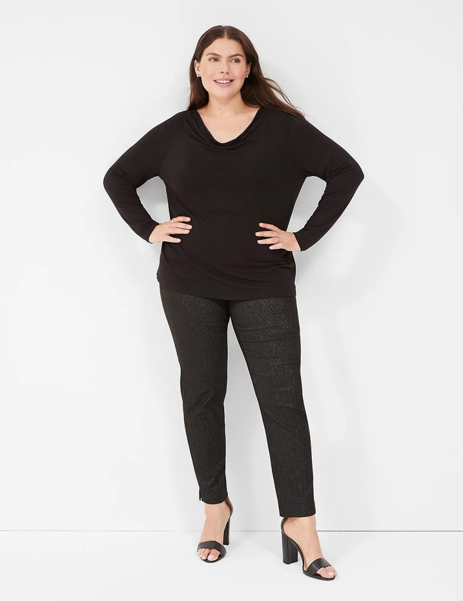 Black Lane Bryant Long-Sleeve Drape-Neck Top Women T Shirts | WZI5469LC