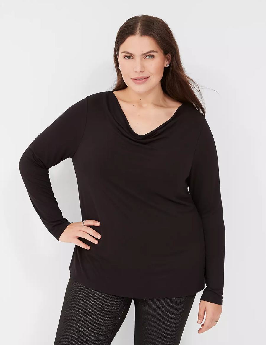 Black Lane Bryant Long-Sleeve Drape-Neck Top Women T Shirts | WZI5469LC