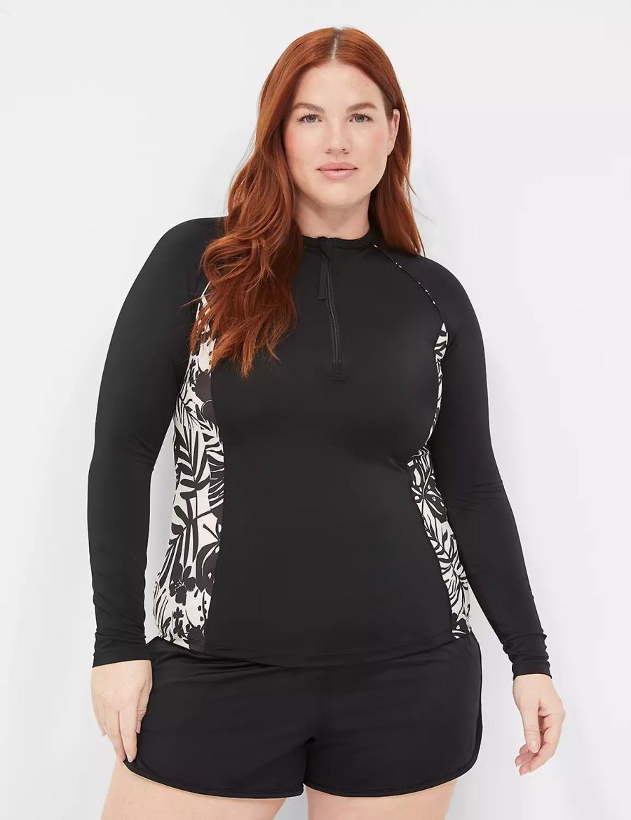 Black Lane Bryant Long-Sleeve Swim Rash Guard Women Swimsuits | KDM1613HV