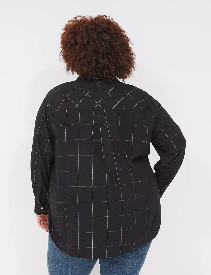 Black Lane Bryant Lurex Button-Down Plaid Flannel Women Shirts | GYV1993HF