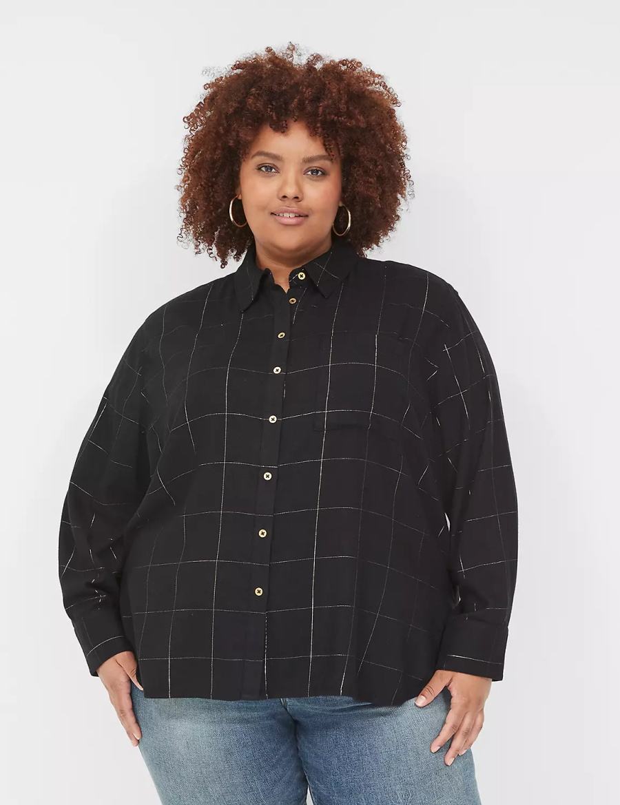 Black Lane Bryant Lurex Button-Down Plaid Flannel Women Shirts | GYV1993HF