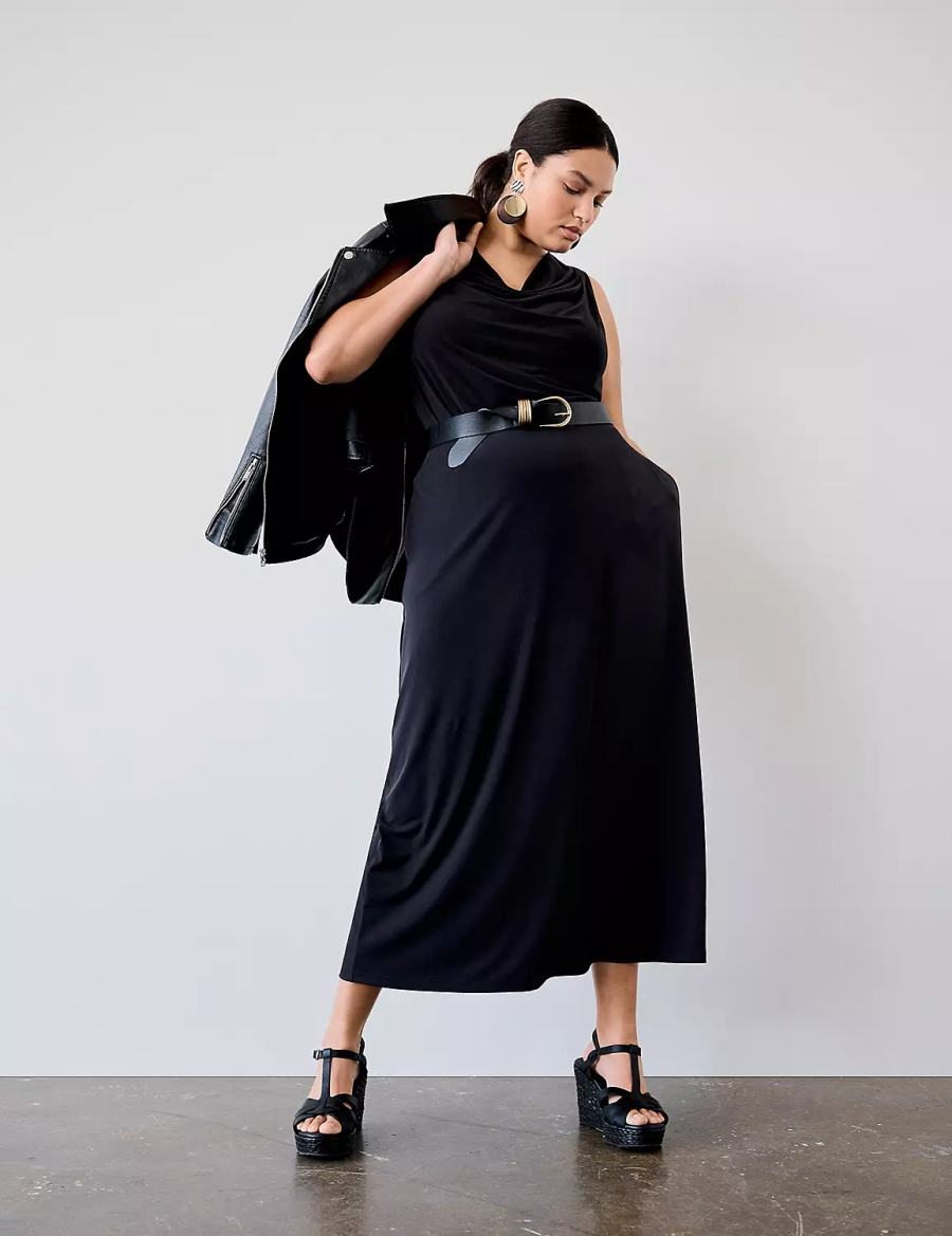 Black Lane Bryant Matte Jersey Side-Slit Maxi Women Skirts | NYE3574ZZ