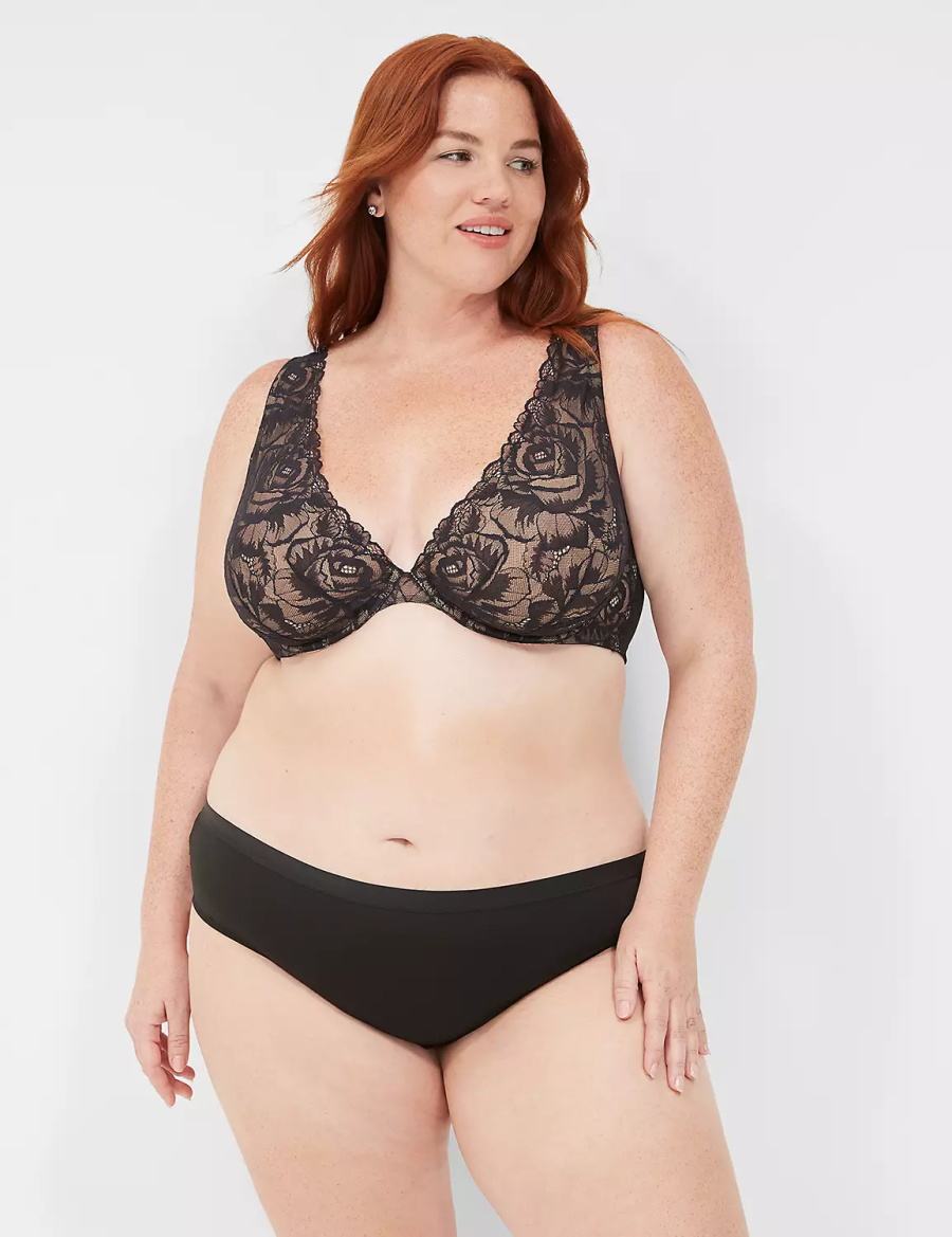 Black Lane Bryant No-Show Lace-Back Women Hipster Panty | GHE5670RU