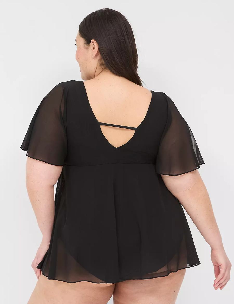 Black Lane Bryant No-Wire Flutter-Sleeve Swim Women Dress | QZJ2521IM