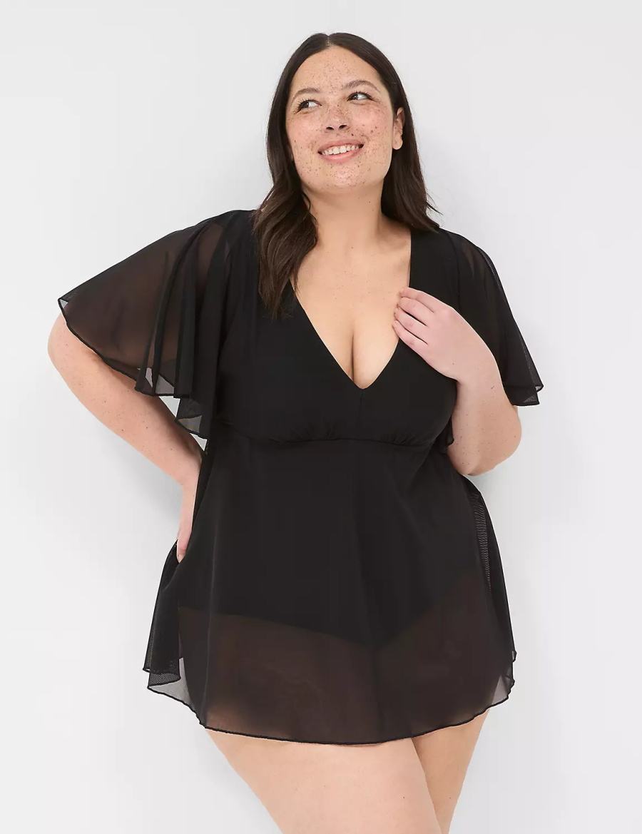 Black Lane Bryant No-Wire Flutter-Sleeve Swim Women Dress | QZJ2521IM