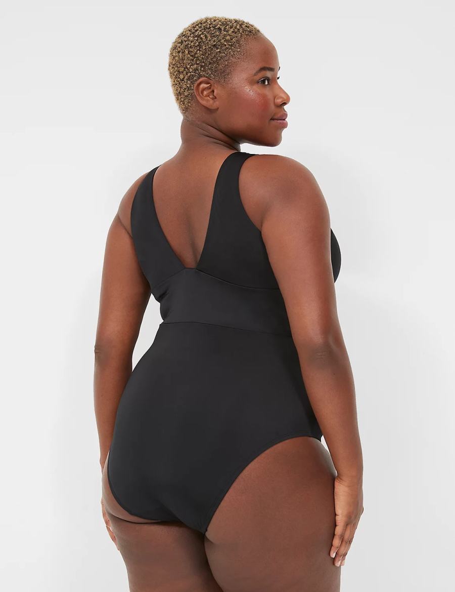 Black Lane Bryant No-Wire Plunge One-Piece Women Swimsuits | IYV7040LE