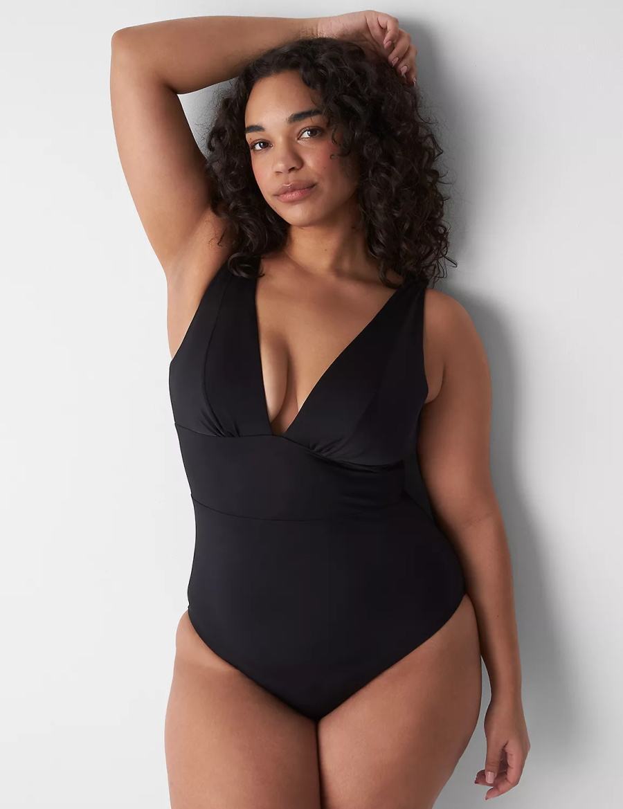 Black Lane Bryant No-Wire Plunge One-Piece Women Swimsuits | IYV7040LE