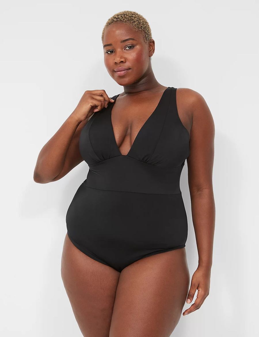 Black Lane Bryant No-Wire Plunge One-Piece Women Swimsuits | IYV7040LE