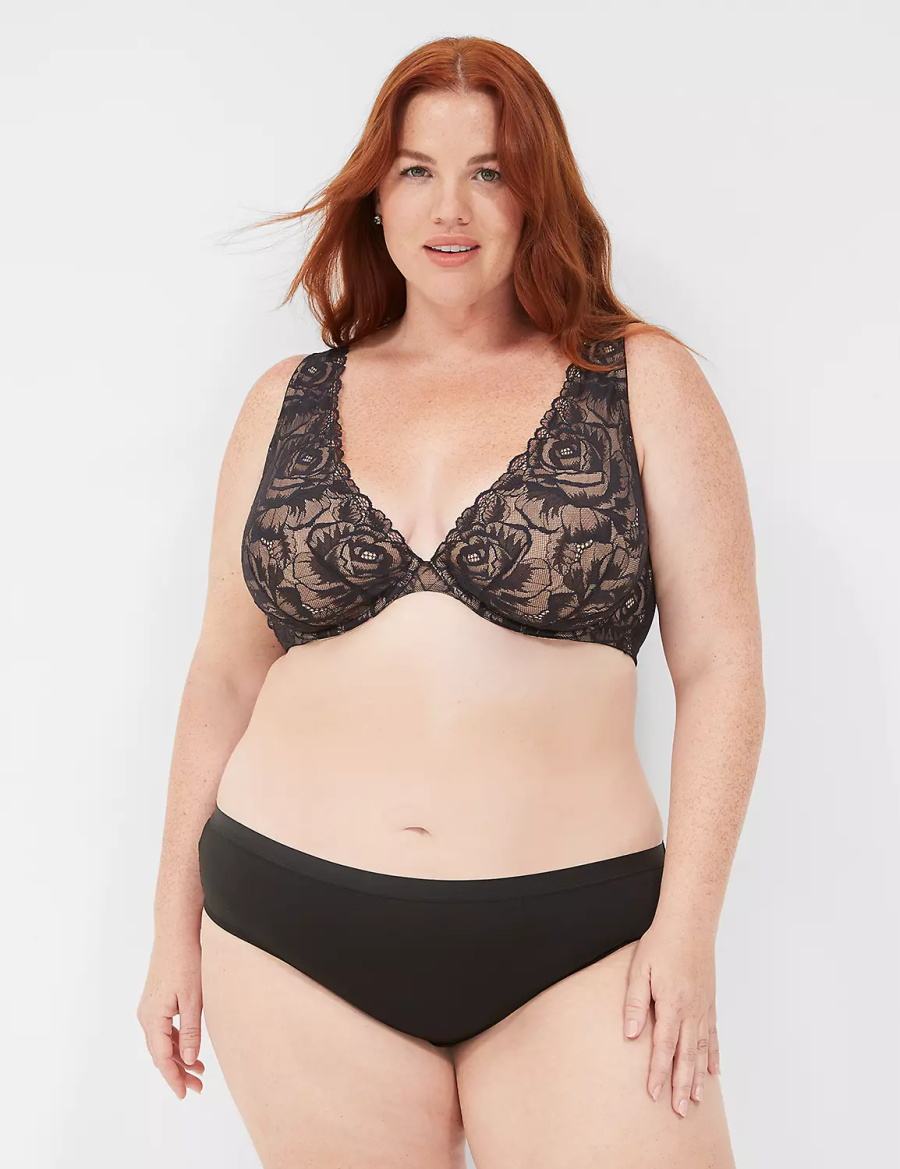 Black Lane Bryant Plunge with Lace Women Unlined Bra | NXT3266TR