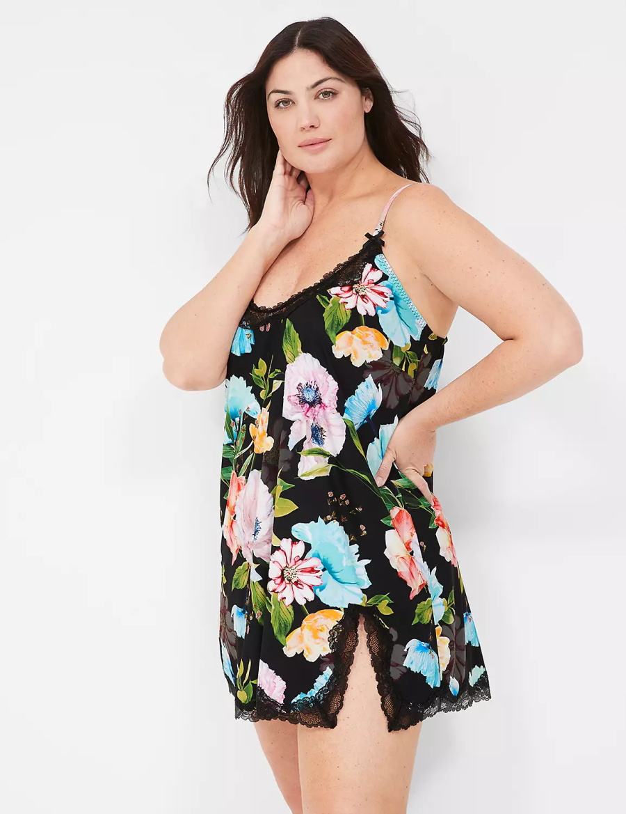 Black Lane Bryant Printed Lace-Trim Slip Women Dress | DJX6815UI