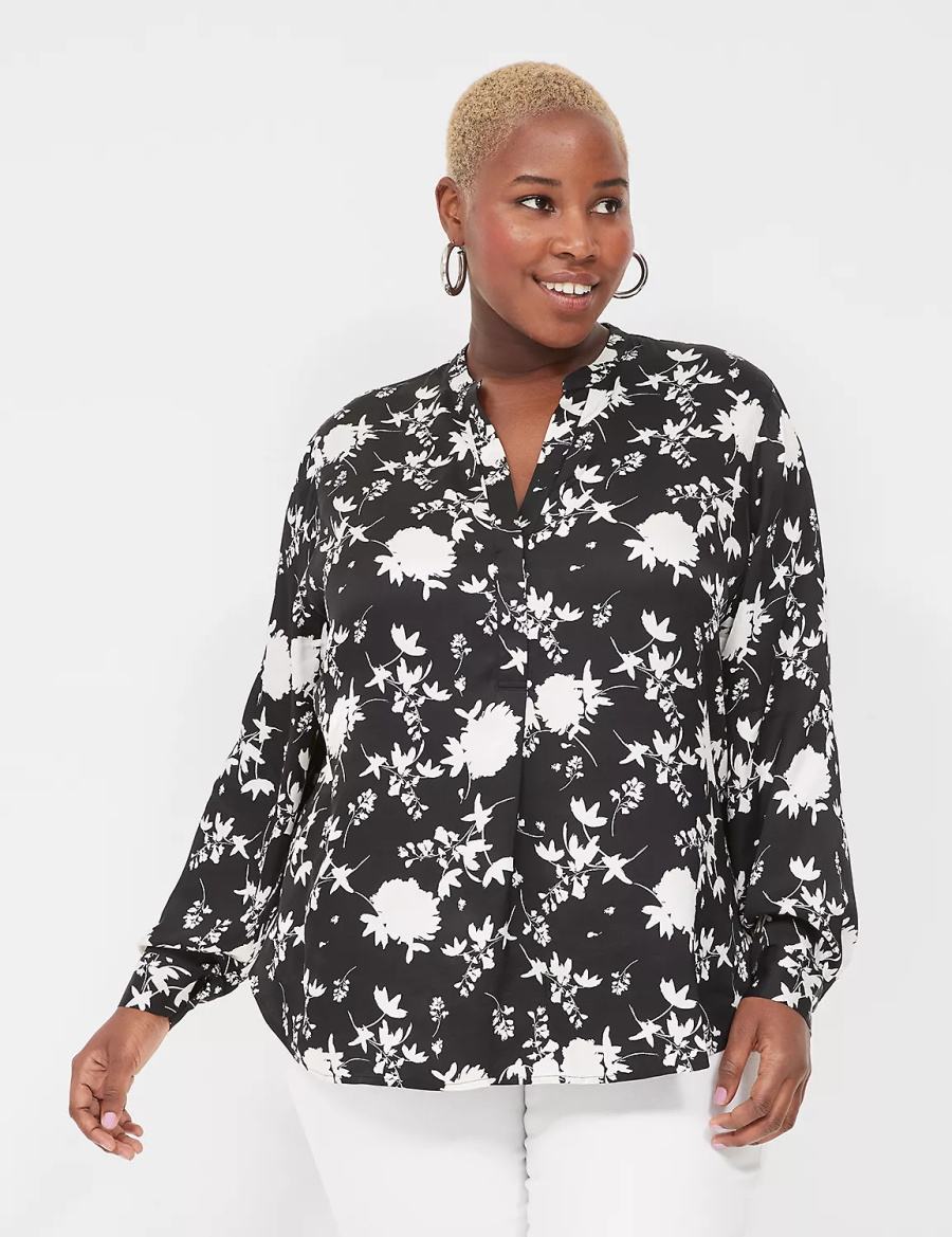 Black Lane Bryant Relaxed Satin Split-Neck Popover Women Shirts | NSR2196BQ