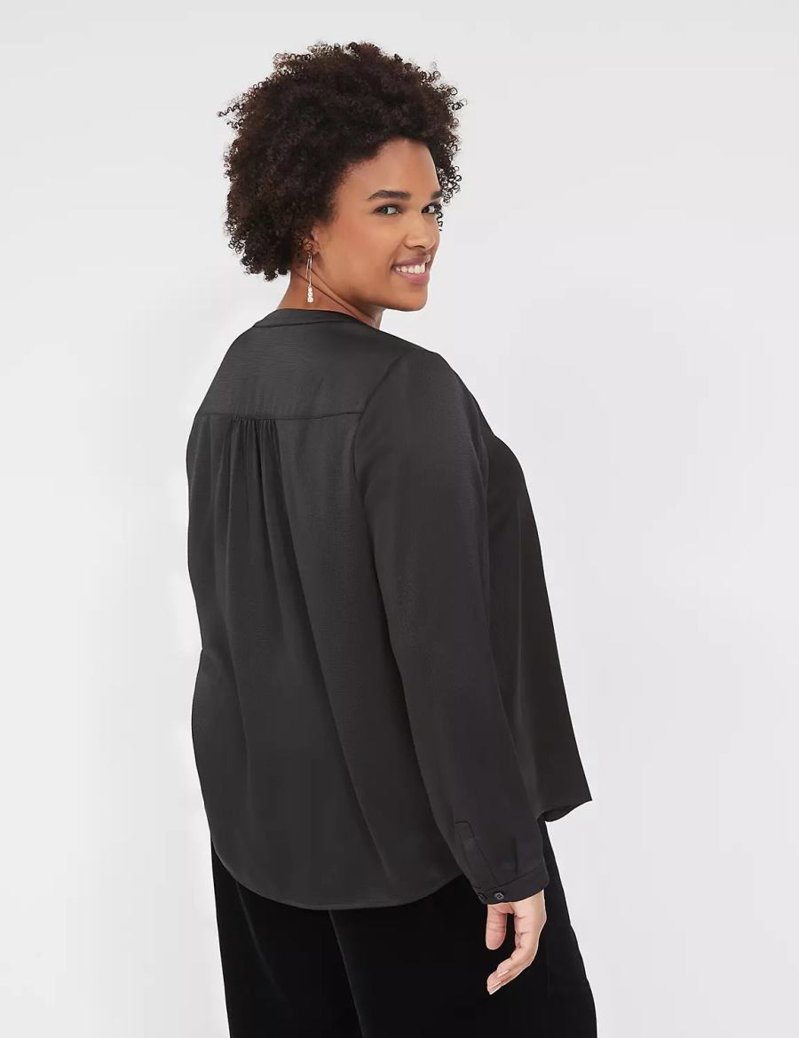 Black Lane Bryant Satin Banded-Neck Ruched-Shoulder Women Shirts | VEP7730PZ