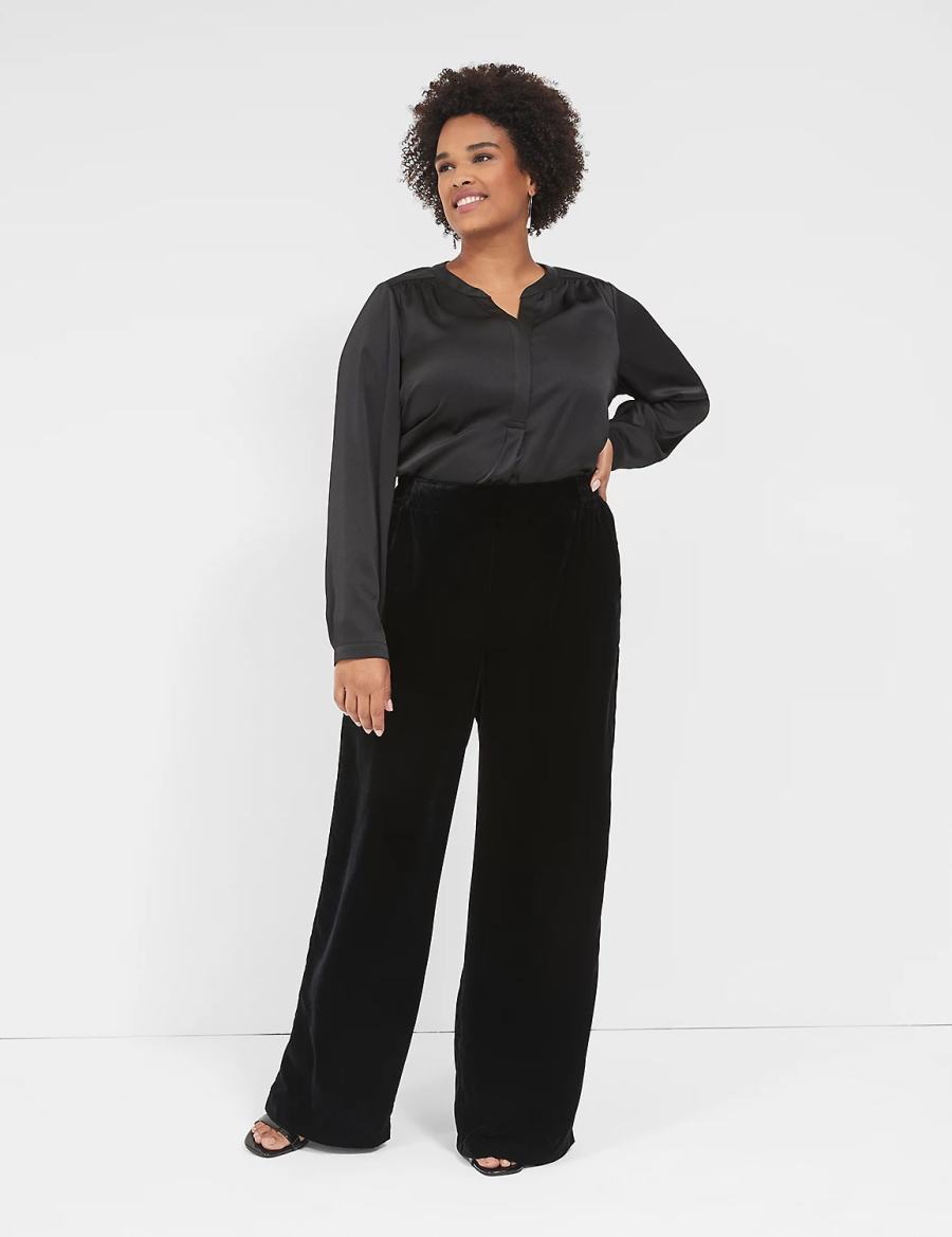 Black Lane Bryant Satin Banded-Neck Ruched-Shoulder Women Shirts | VEP7730PZ