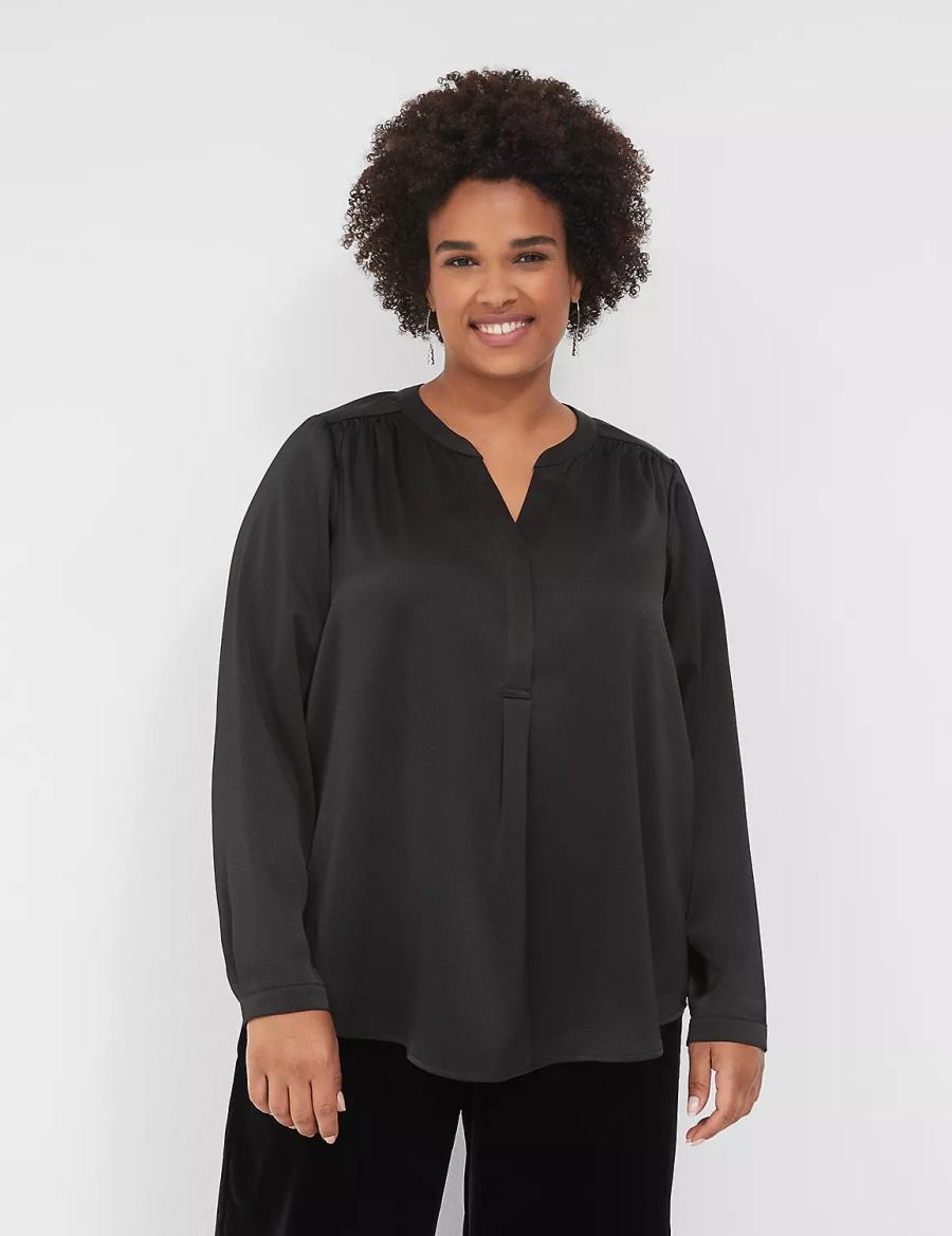 Black Lane Bryant Satin Banded-Neck Ruched-Shoulder Women Shirts | VEP7730PZ