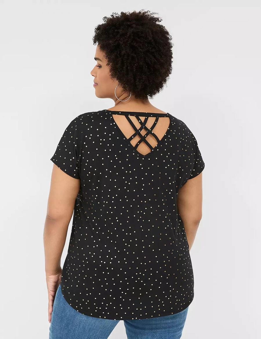 Black Lane Bryant Shimmer Foil Strappy-Back Tee Women T Shirts | PVU8784NZ