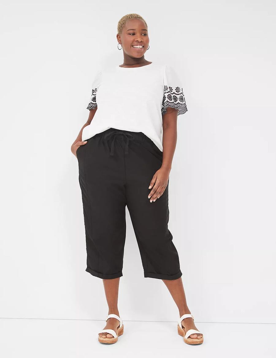 Black Lane Bryant Slub Pull-On Crop Women Pants | QLB7911BT