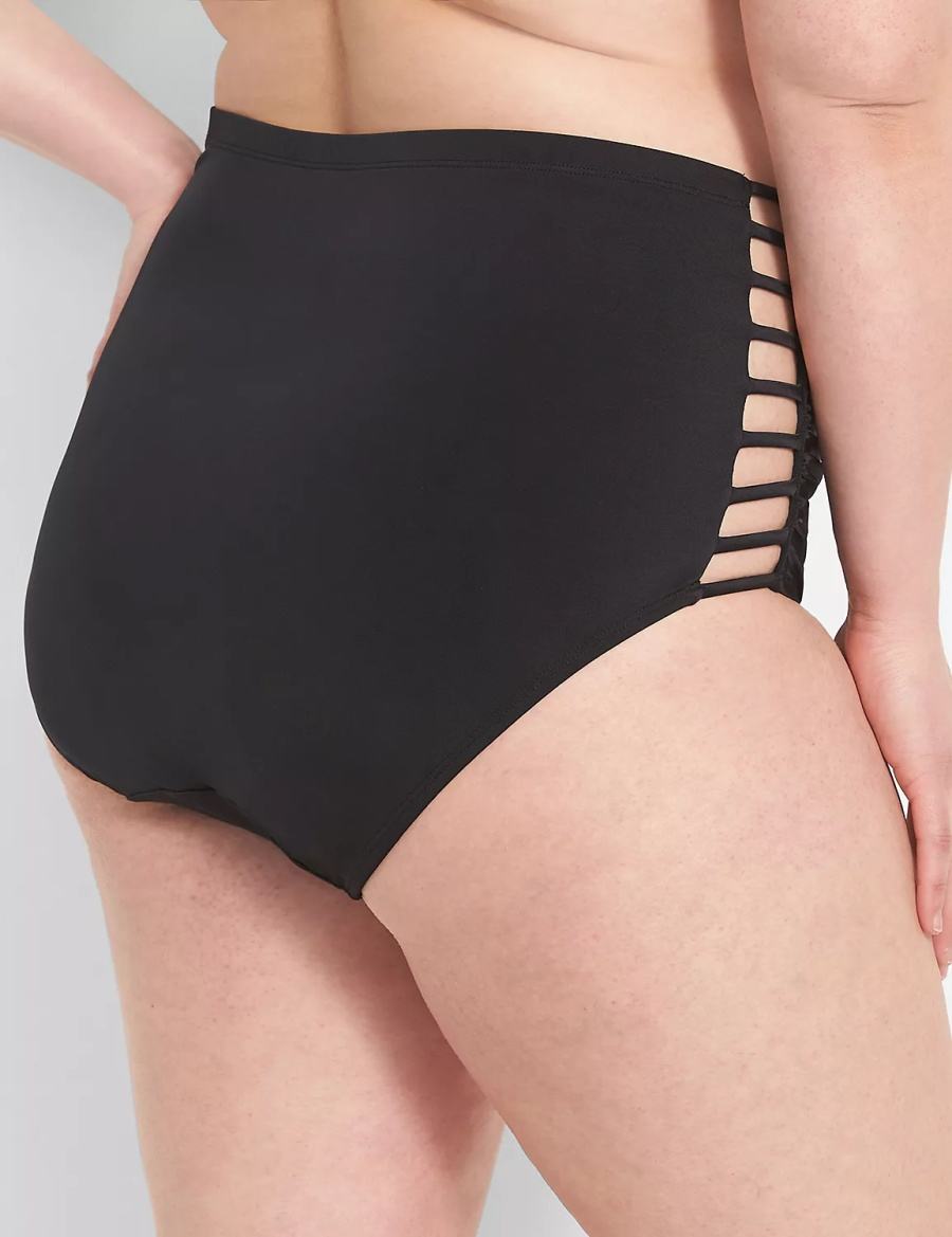 Black Lane Bryant Strappy Ruched-Side High-Waist Swim Women Briefs | TOW532LS