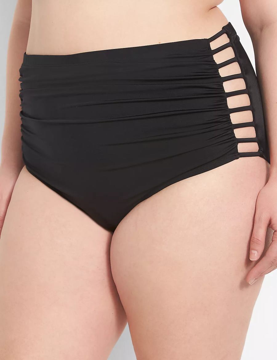 Black Lane Bryant Strappy Ruched-Side High-Waist Swim Women Briefs | TOW532LS