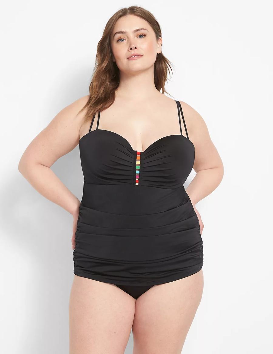 Black Lane Bryant Strappy Ruched-Side High-Waist Swim Women Briefs | TOW532LS