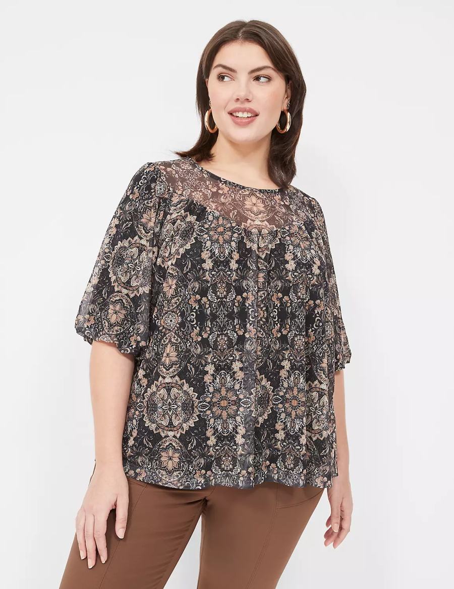 Black Lane Bryant Swing Perfect Puff-Sleeve Mesh Top Women Blouse | DQO4963EW