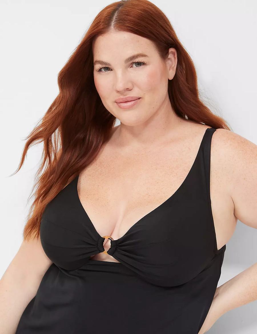 Black Lane Bryant Underwire O-Ring Tankini Women Bikini Top | FJI1094AX