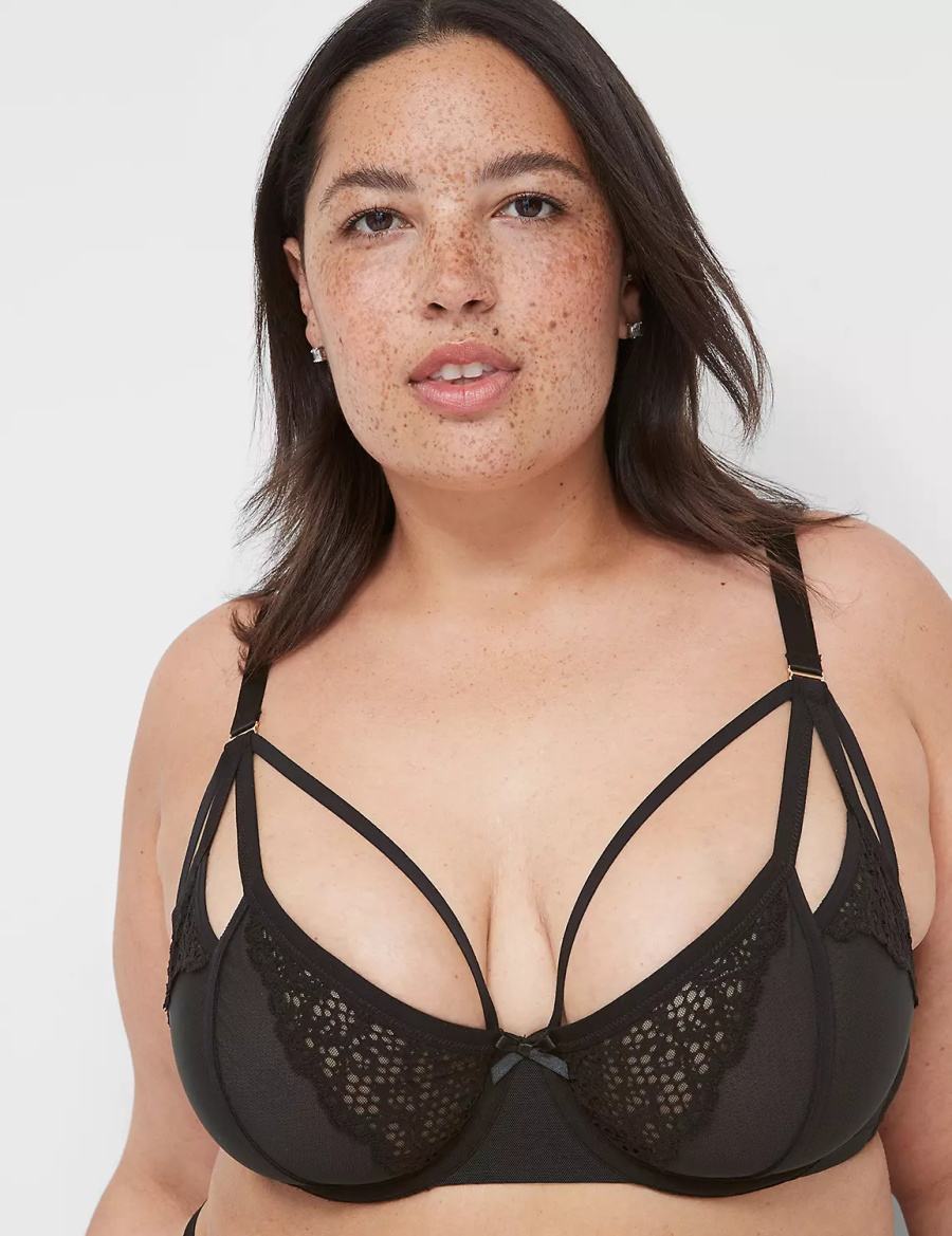 Black Lane Bryant Unlined Caged Lace Women Balconette Bra | SSS4754NV