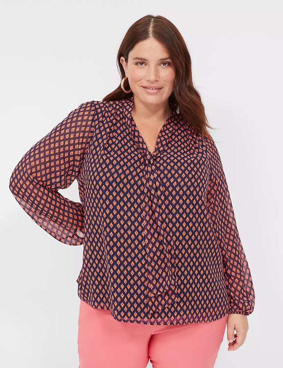 Black Red Lane Bryant Tie-Neck Popover Women Blouse | JRL7938TD