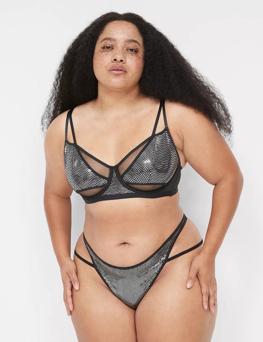 Black Silver Lane Bryant Metallic Strappy Demi Women Unlined Bra | WIH6453DZ