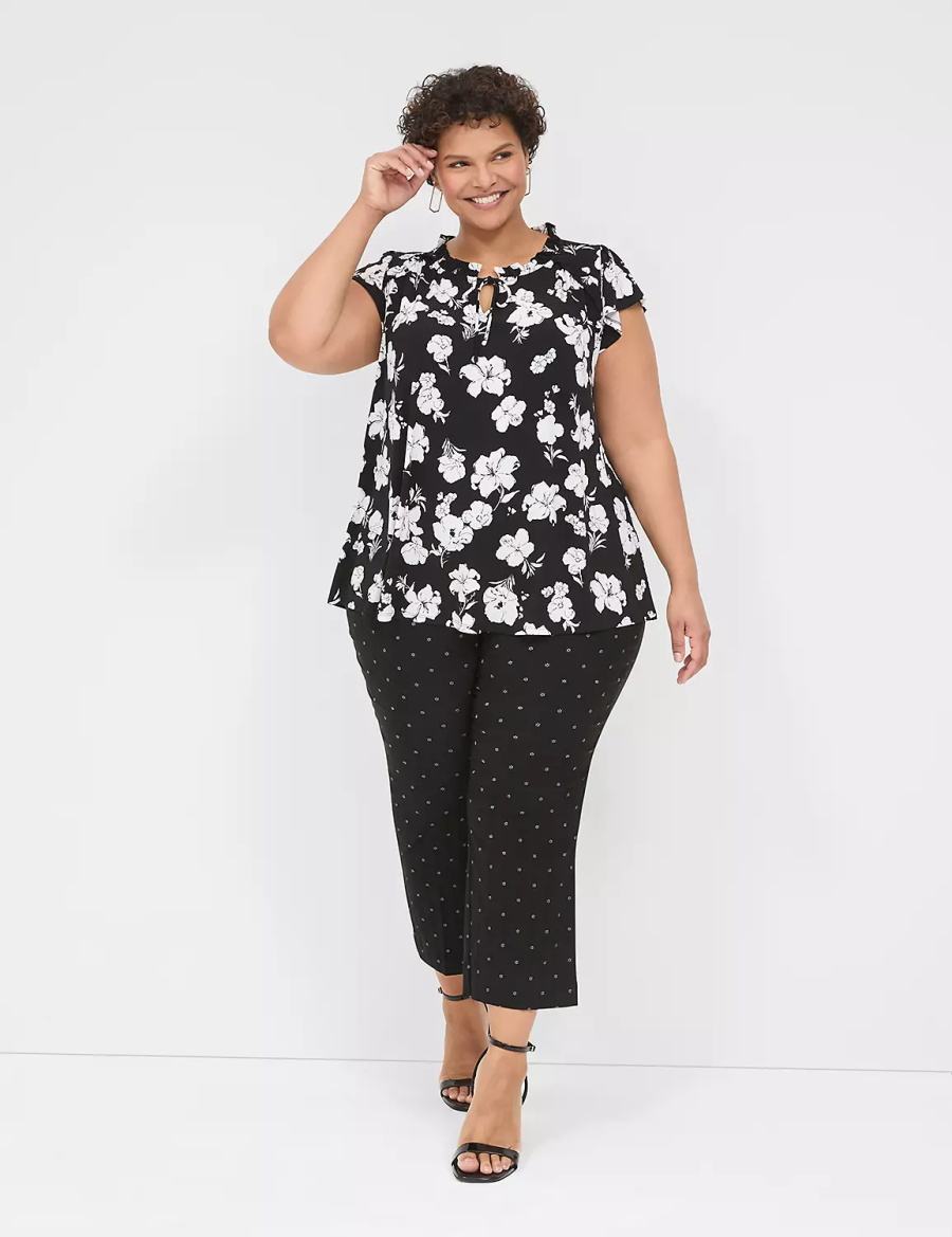 Black White Lane Bryant Cap Flutter-Sleeve Top Women T Shirts | JMW1060CE