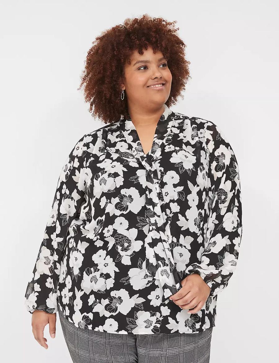 Black White Lane Bryant Long-Sleeve Tie-Neck Popover Women Blouse | AIK4930LE