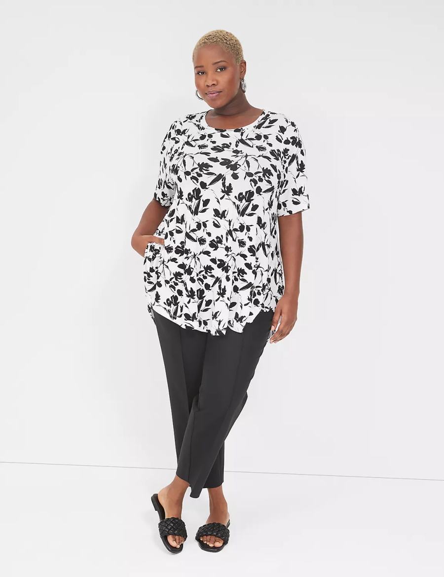 Black White Lane Bryant Max Swing Perfect Sleeve Crew-Neck Tee Women T Shirts | SFE3459NF