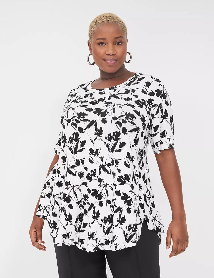 Black White Lane Bryant Max Swing Perfect Sleeve Crew-Neck Tee Women T Shirts | SFE3459NF