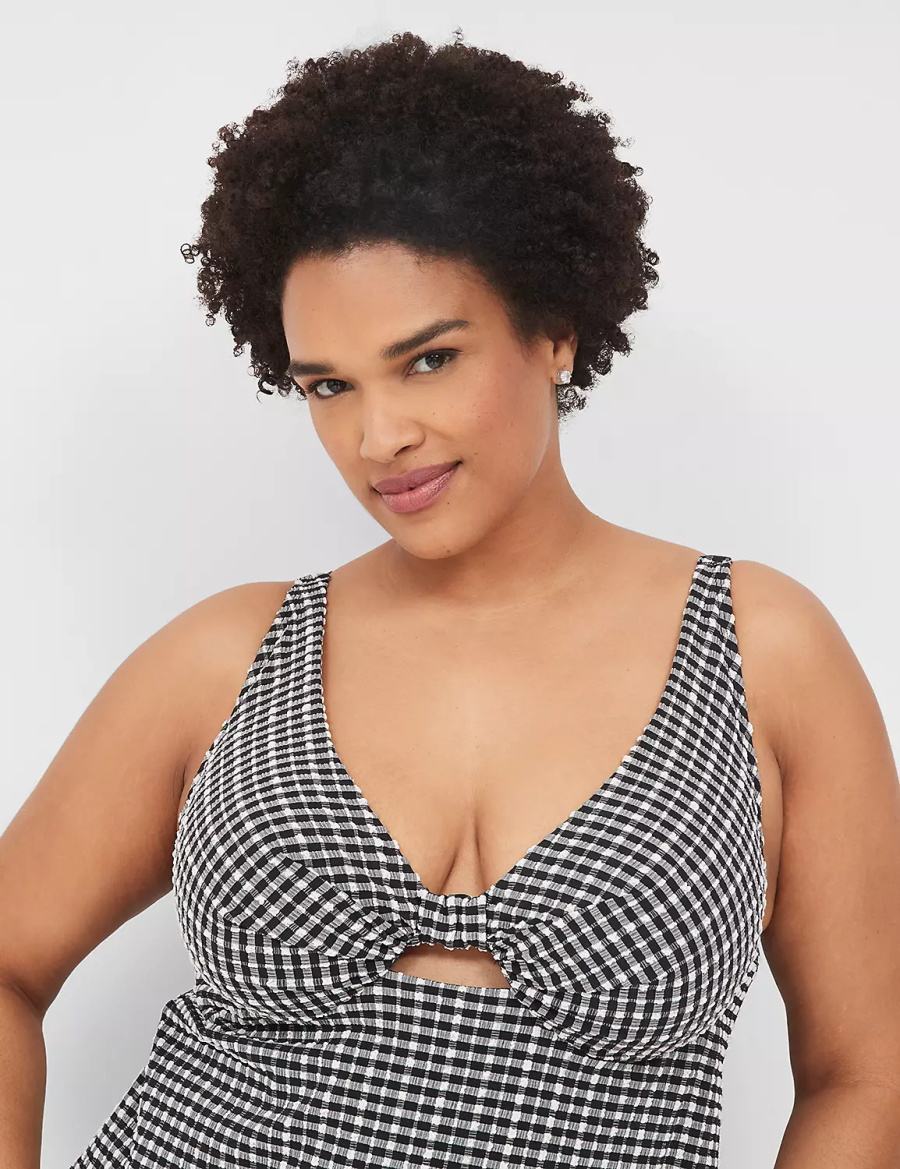 Black White Lane Bryant Underwire Knot-Front Tankini Women Bikini Top | ERA4052BY