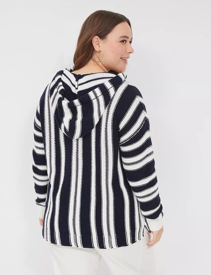 Black White Stripes Lane Bryant Embroidered Hooded Pullover Women Sweaters | IBU561IE