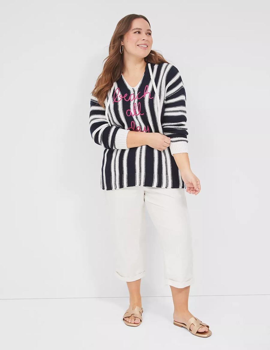 Black White Stripes Lane Bryant Embroidered Hooded Pullover Women Sweaters | IBU561IE