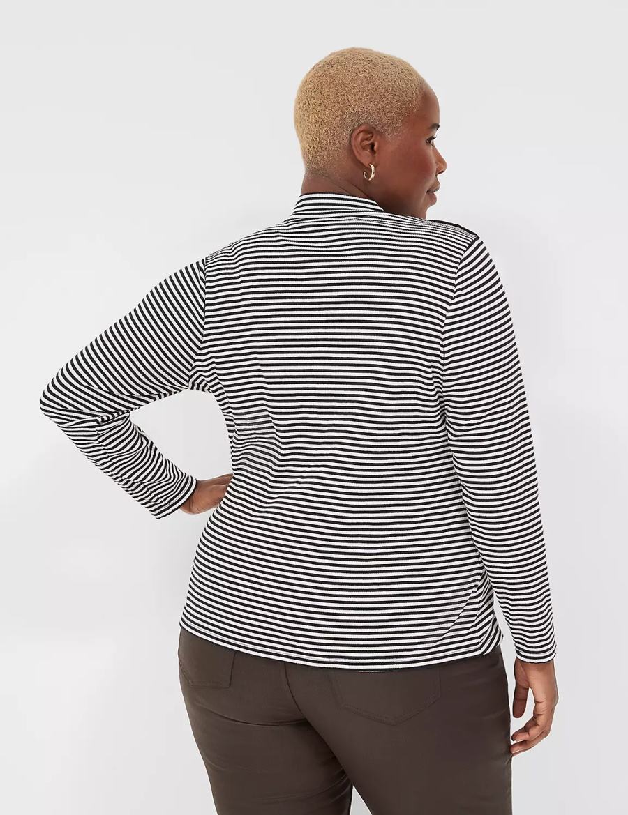 Black White Stripes Lane Bryant Fitted Long-Sleeve Turtleneck Top Women T Shirts | TWR6494WJ