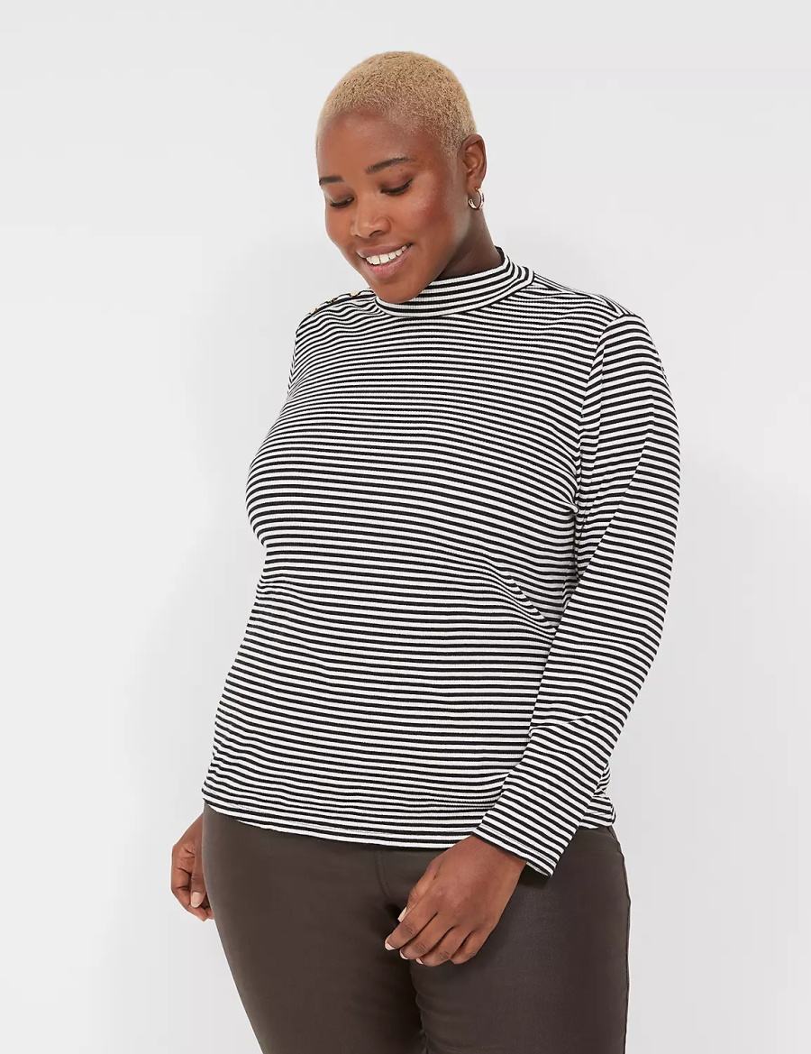 Black White Stripes Lane Bryant Fitted Long-Sleeve Turtleneck Top Women T Shirts | TWR6494WJ