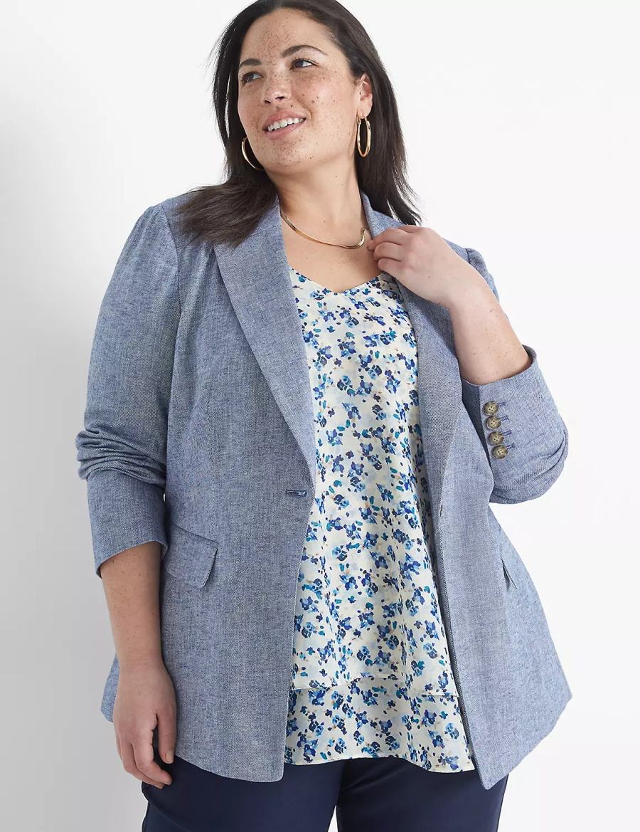 Blue Grey Lane Bryant Chambray Linen Long-Sleeve Women Blazers | VHK133ZT