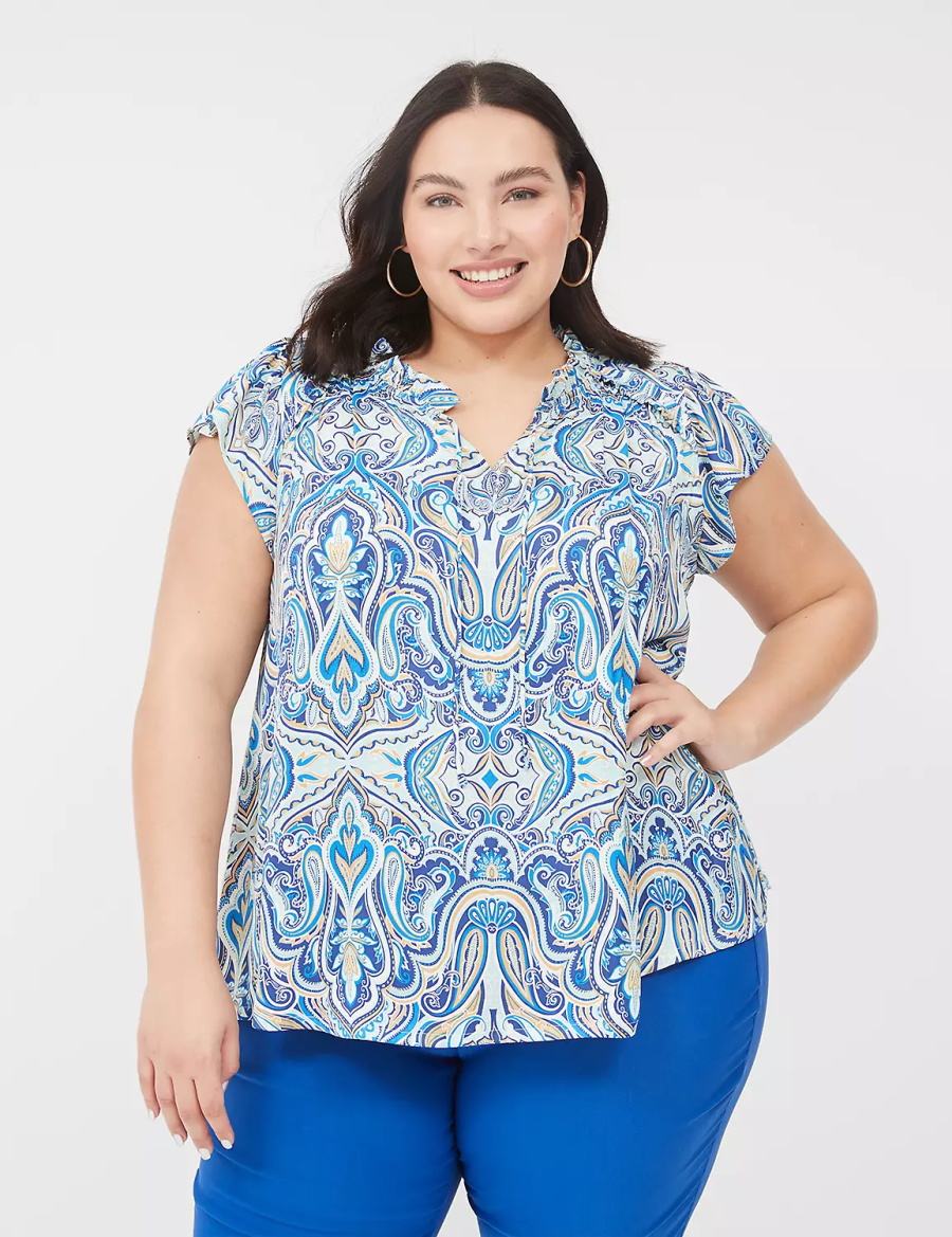 Blue Lane Bryant Cap Flutter-Sleeve Satin & Knit Top Women T Shirts | GGG3358IB