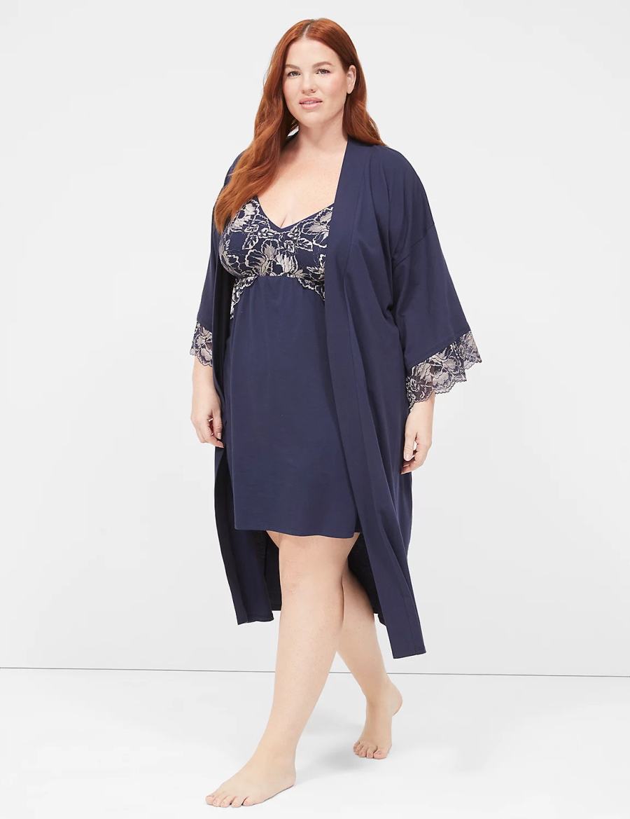 Blue Lane Bryant Comfy Cotton Lace-Trim Midi Women Robe | BXU4116AU