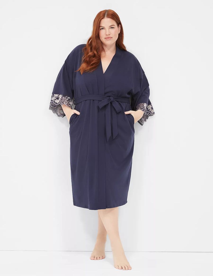 Blue Lane Bryant Comfy Cotton Lace-Trim Midi Women Robe | BXU4116AU