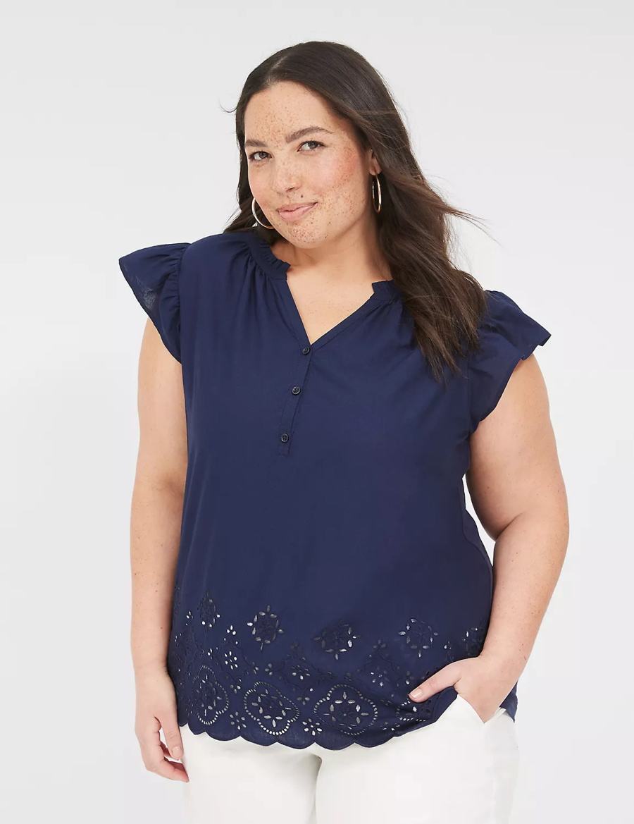 Blue Lane Bryant Flutter-Sleeve Woven-Front Knit Top Women T Shirts | NKY354KO